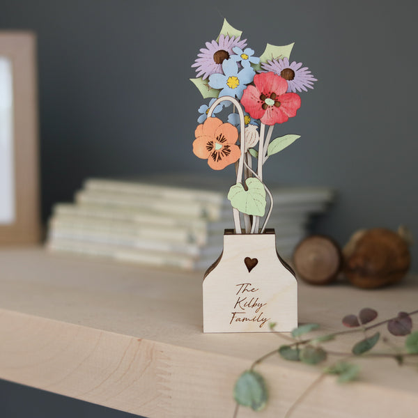 Personalised Family Flowers in its own wooden Pot