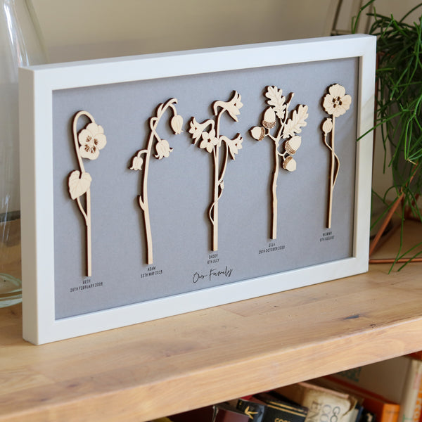 Framed Personalised Family Birth Flowers in natural wood