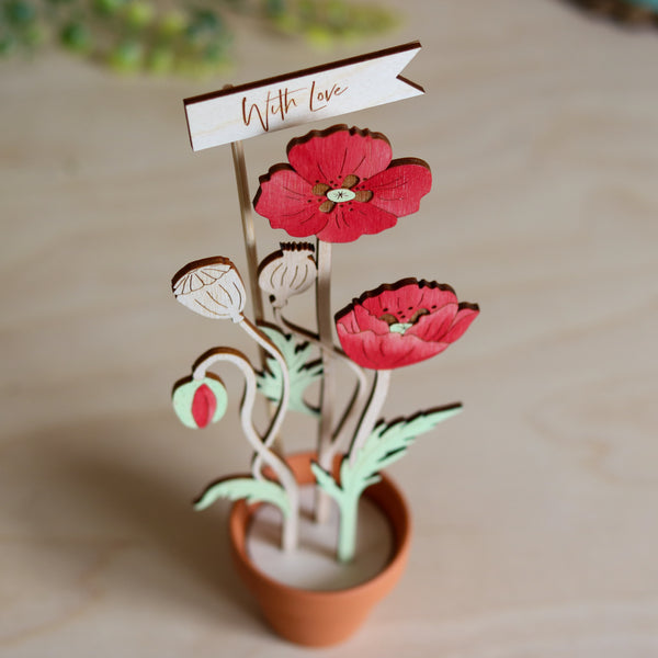 Three Poppy Stems in a Terracotta Pot