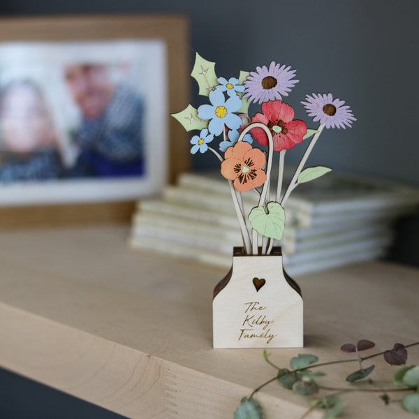 Personalised Family Flowers in its own wooden Pot