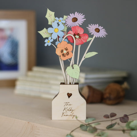 Personalised Family Flowers in its own wooden Pot